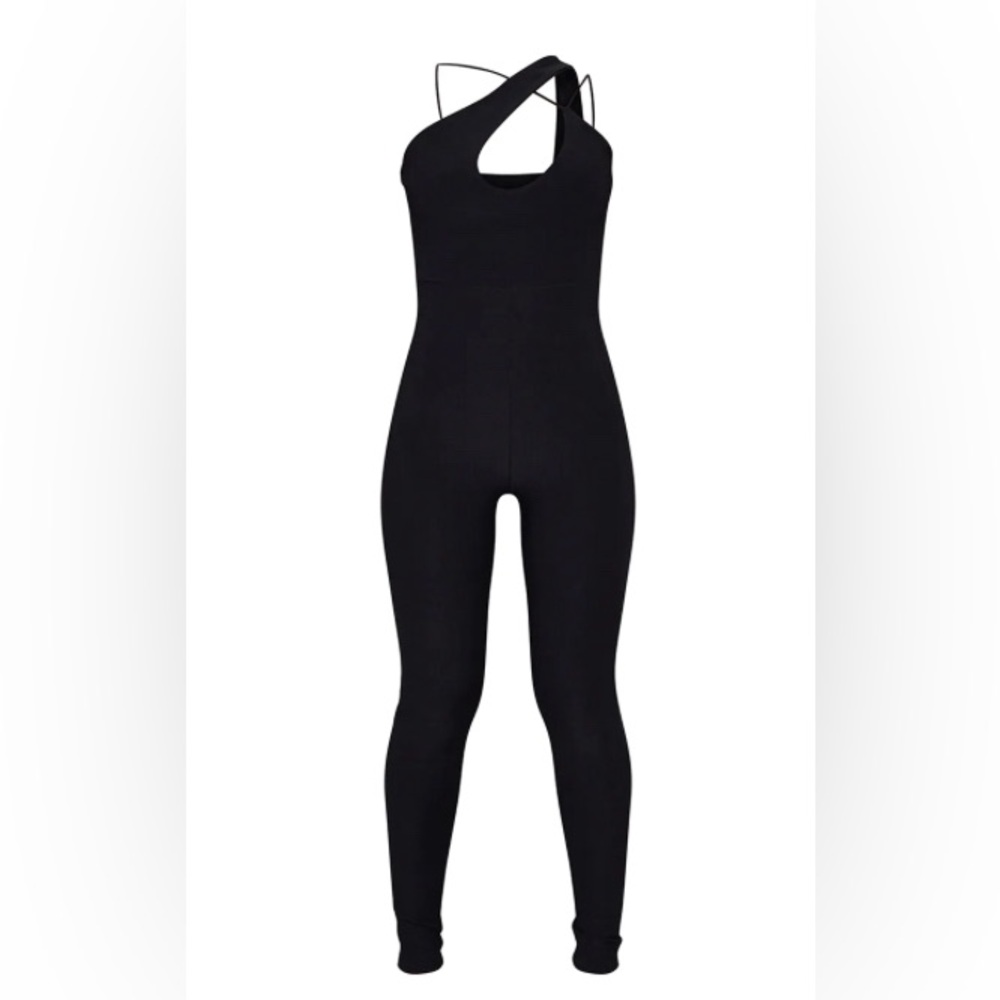 Black Slinky Asymmetric Strap Jumpsuit - Picture 5 of 5